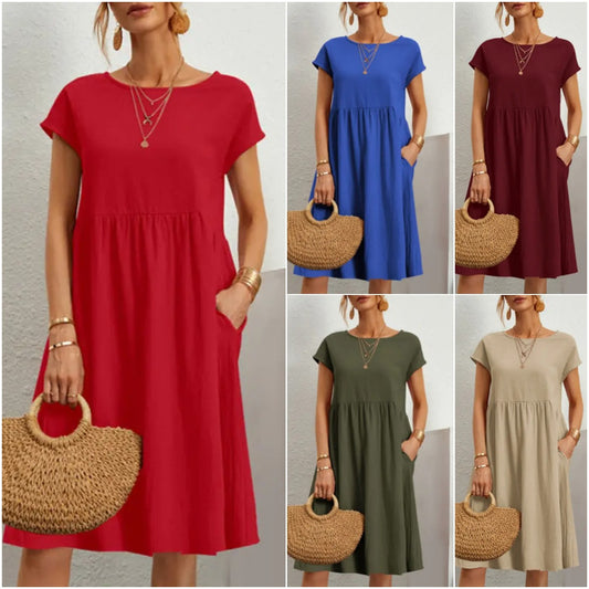 ✨🌼【S-5XL】Vestido de algodón y lino para mujer, sencillo, holgado y casual, de moda de verano