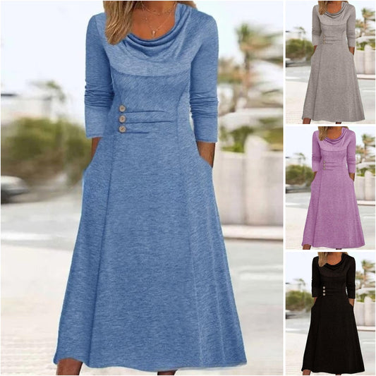 🍁【Νέα Φθινοπωρινή Άφιξη🔥】【S-3XL】👗 Κομψό μονόχρωμο φόρεμα με τσέπες και στρογγυλή λαιμόκοψη