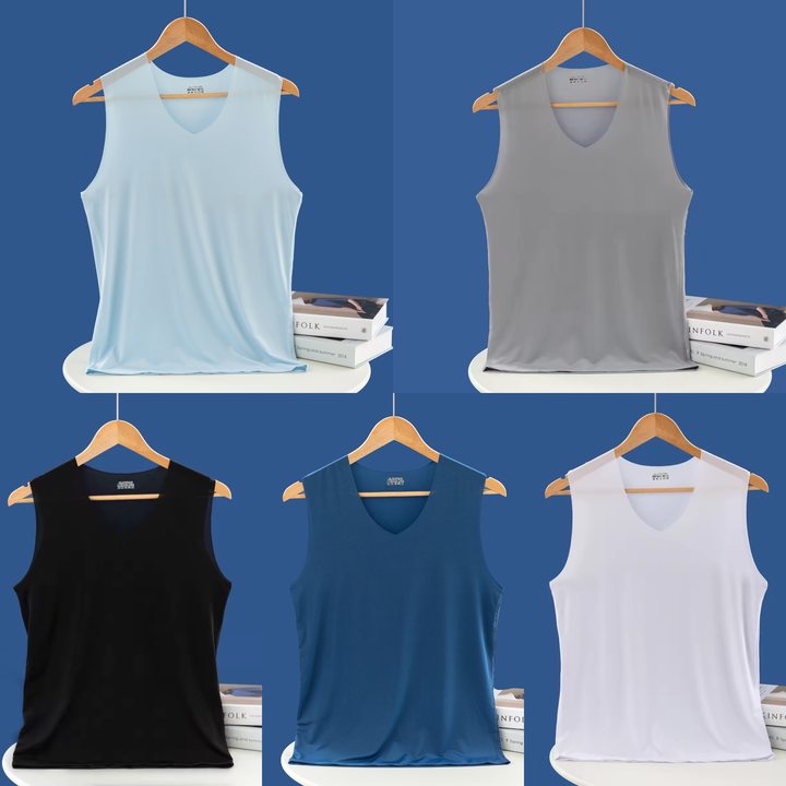 ✨🎉【Kupi 3, dobij 2 besplatno - Kupi 5 komada‼ 🔥】【L–5XL】Ljetna muška bešavna majica s ledeno svilenim donjim dijelom, uski kroj, veća veličina