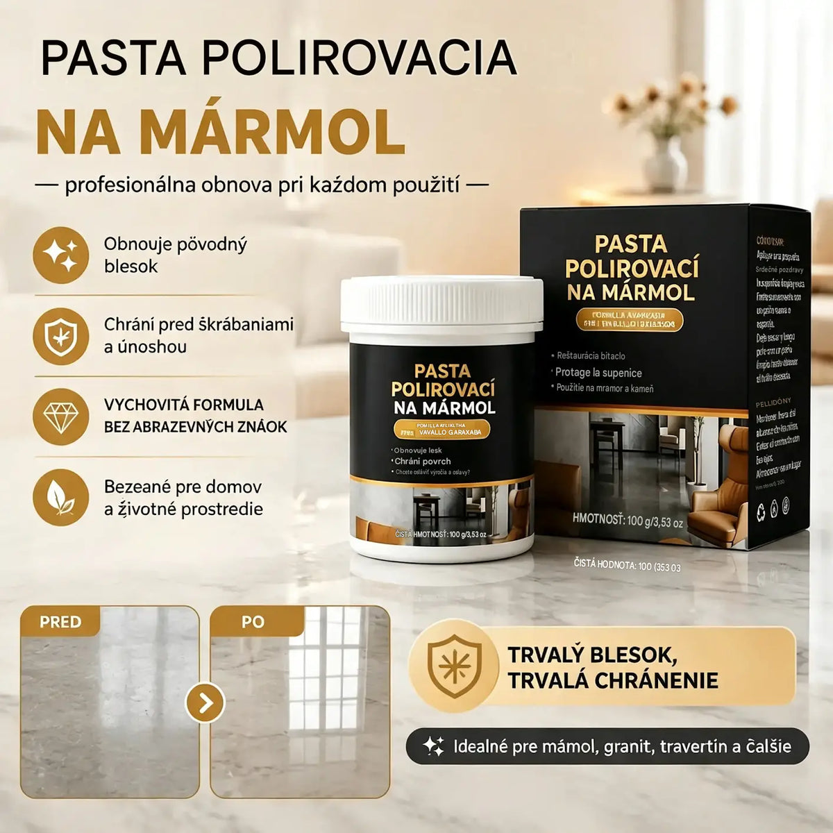 🥳 🔥Leštiaca pasta na mramor✨ — Odstraňuje škrabance, obnovuje lesk a chráni povrchy už za 2 minúty 🛡️