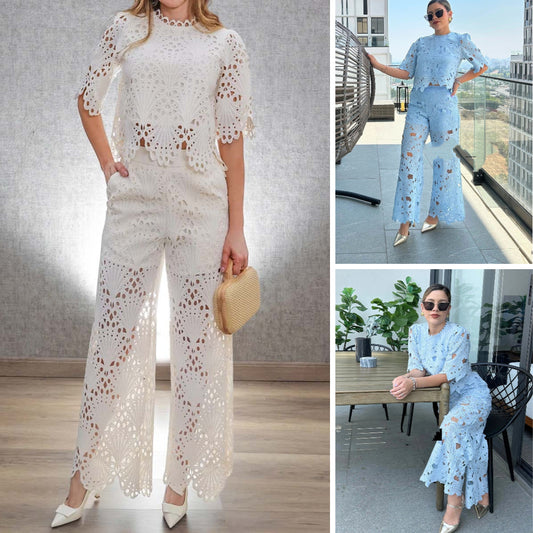 🔥✨【Nowe oferty specjalne🌈】【S-4XL】2025 Lato Nowa moda Elegancki haft Hollow Płatek Rękaw Koronka Damski garnitur