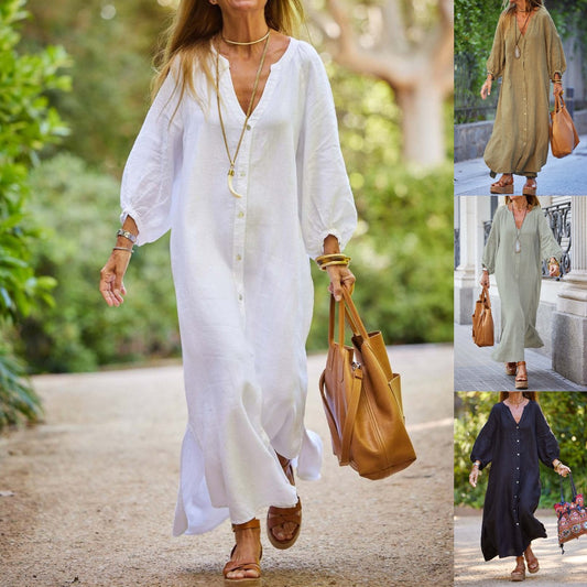 👗Ljetni specijal🎁 🔥【S–3XL】Nova ženska duga haljina-košulja s V-izrezom, prirodni pamuk i lan, plus veličina
