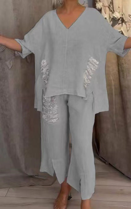 ✨💖【50% reducere】【S-5XL】Costum casual pentru femei, din două piese, din bumbac și în, cu decolteu în V, 2025