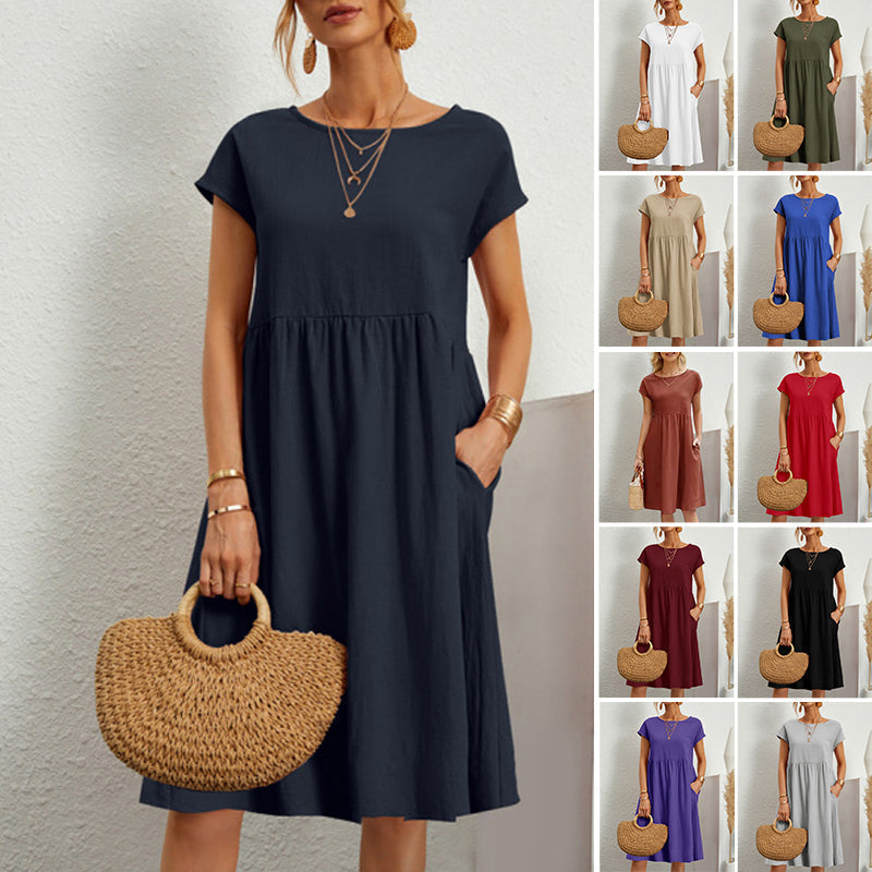 ✨🌼【S-5XL】Vestido de algodón y lino para mujer, sencillo, holgado y casual, de moda de verano