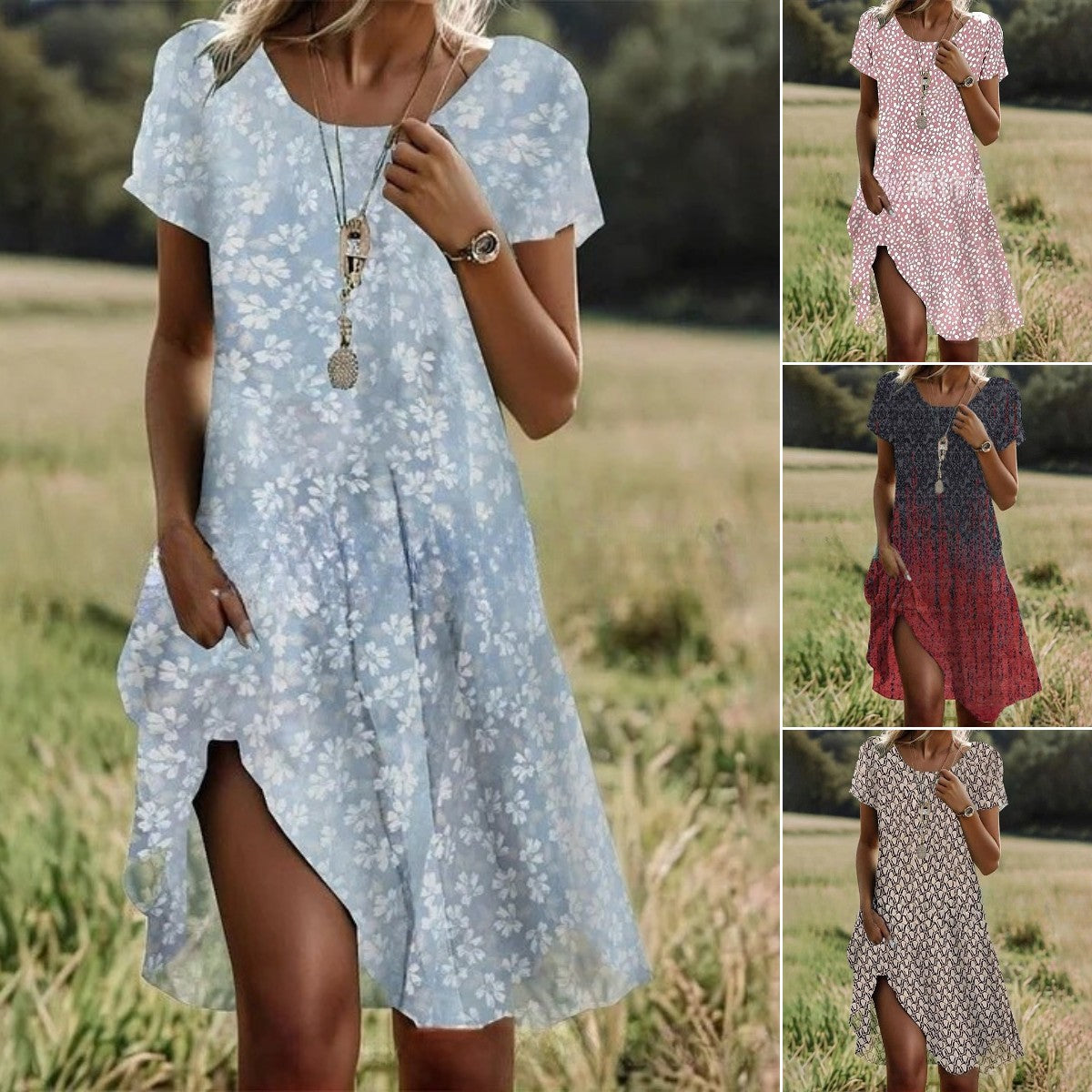 🌈✨【S-3XL】Nova moderna pastoralna ležerna haljina s okruglim izrezom i printom za ljeto 2025.