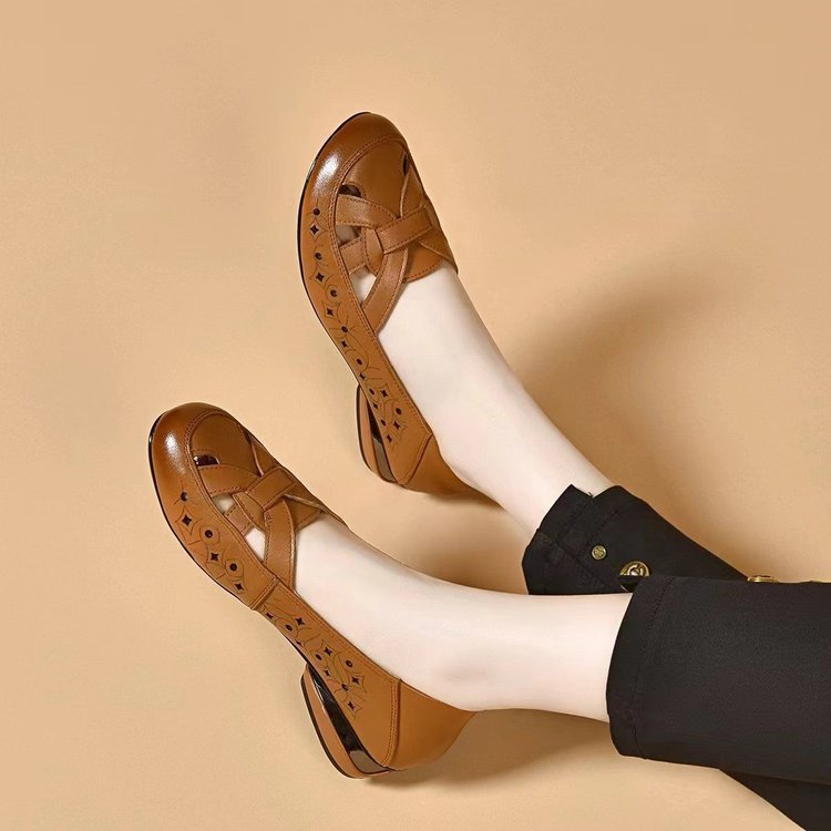 ✨🔥【35-40】Sandale de damă la modă, vara 2025, cu vârf rotund, din piele naturală, cu toc jos