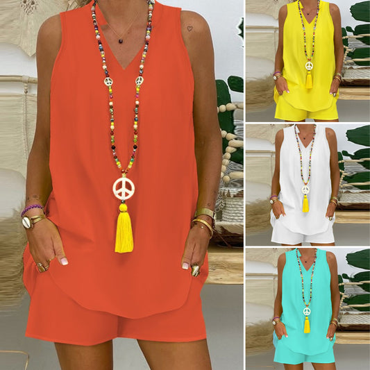 💗🌈【Kamizelka + Szorty】🔥【S-5XL】2025 Lato Nowy Moda Swobodny Prosty Jednolity Kolor Bez Rękawów Garnitur