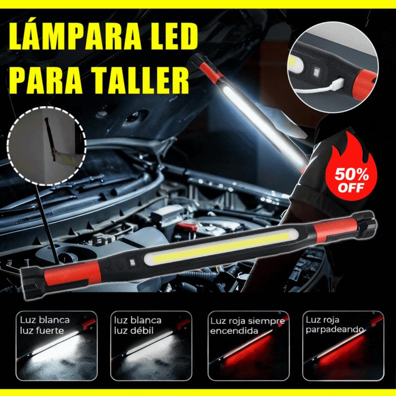 💡Luz de trabajo LED recargable para reparación de automóviles, ultrabrillante, fijación magnética, con gancho, 3 modos de iluminación.