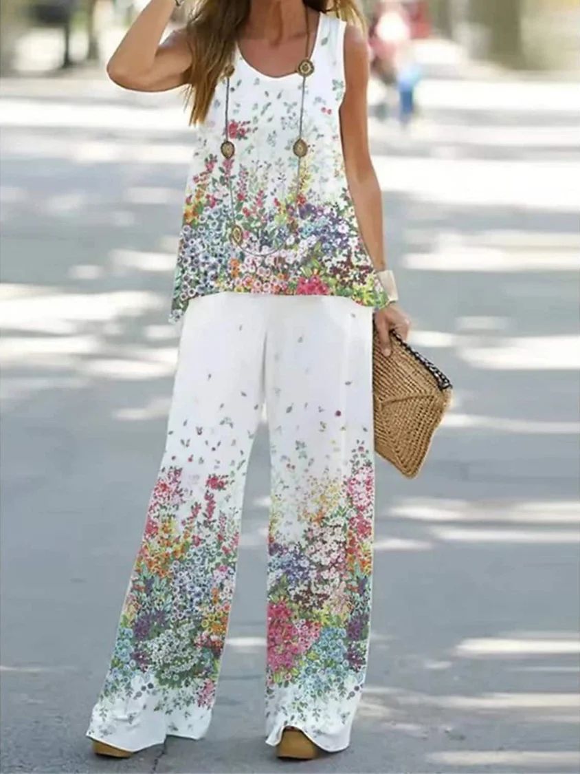 🔥✨【S-3XL】🌸【Topy + Spodnie】2025 Lato Nowy Moda Swobodny Bez Rękawów Drukowany Damski Garnitur