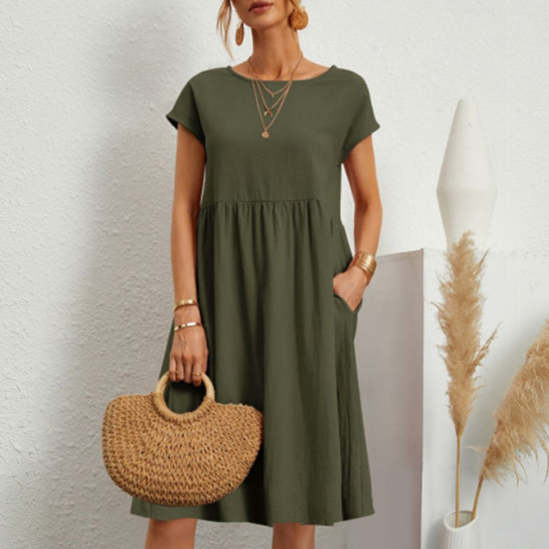 ✨🌼【S-5XL】Vestido de algodón y lino para mujer, sencillo, holgado y casual, de moda de verano
