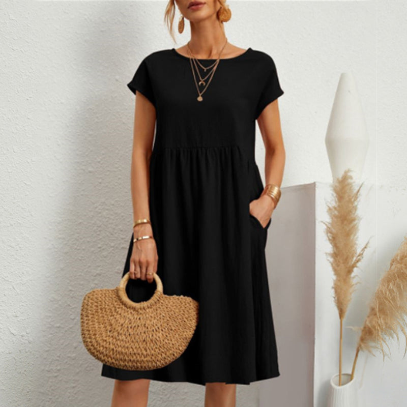 ✨🌼【S-5XL】Vestido de algodón y lino para mujer, sencillo, holgado y casual, de moda de verano