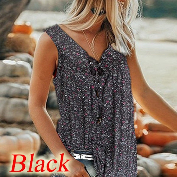 🎀【50% reducere🔥】【S–5XL】✨Bluză de vară elegantă, casual, cu imprimeu, decolteu în V, fără mâneci, pentru femei