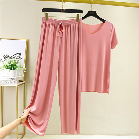 🌈🔥【Especial de verano】Conjunto de dos piezas para estar en casa: camiseta + pantalón de pierna ancha❤️Algodón de seda de alta calidad y cómodo