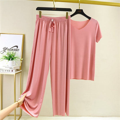 🌈🔥【Especial de verano】Conjunto de dos piezas para estar en casa: camiseta + pantalón de pierna ancha❤️Algodón de seda de alta calidad y cómodo