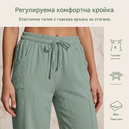 🔥✨【50% отстъпка】Нови летни дамски плисирани капри панталони от памук и лен, едноцветни