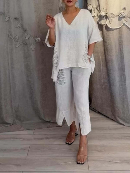 ✨💖【50% reducere】【S-5XL】Costum casual pentru femei, din două piese, din bumbac și în, cu decolteu în V, 2025 