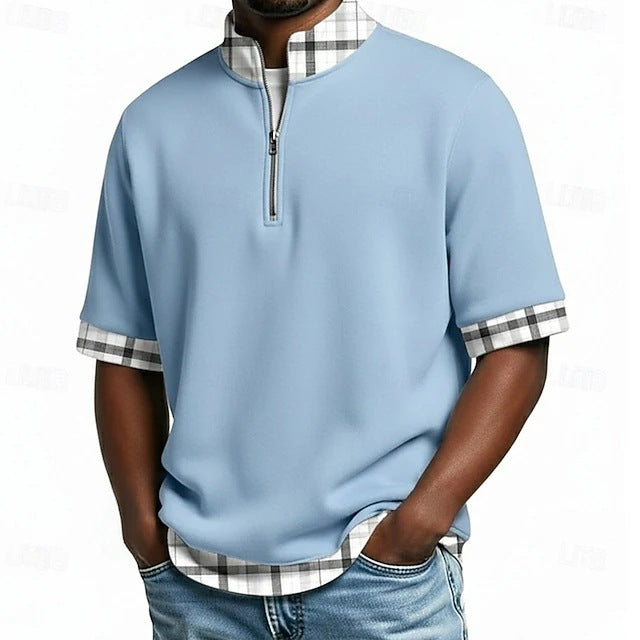 🔥😎【S-3XL】Polo de manga corta para hombre, algodón puro — Cuello con media cremallera, diseño de capas✨