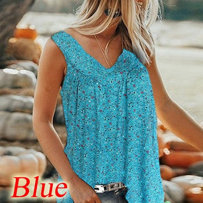 🎀【50% reducere🔥】【S–5XL】✨Bluză de vară elegantă, casual, cu imprimeu, decolteu în V, fără mâneci, pentru femei 