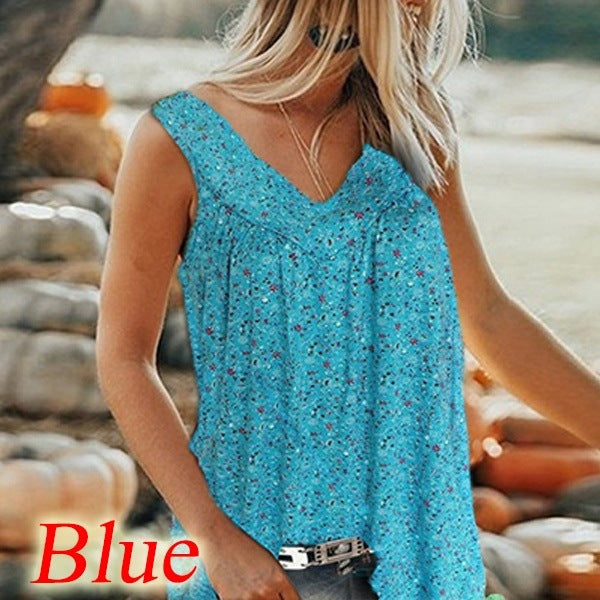 🎀【50% reducere🔥】【S–5XL】✨Bluză de vară elegantă, casual, cu imprimeu, decolteu în V, fără mâneci, pentru femei