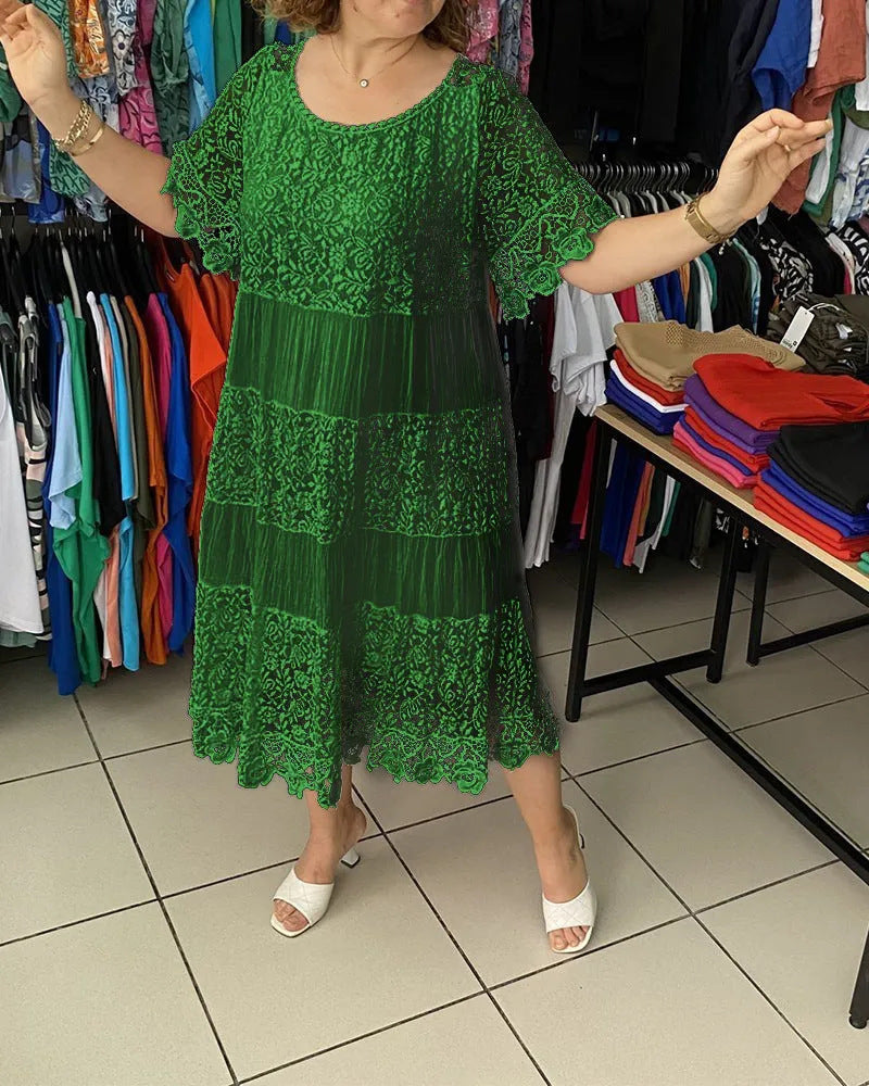 🌺👗【Ljetno rasprodaja🔥】【S-5XL】Nova haljina široke čipke s kratkim rukavima i okruglim izrezom, velike veličine