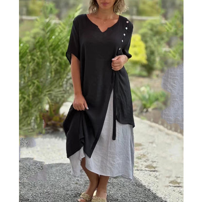 🔥🎉【S-4XL】Rochie de vară 2025, cu fustă neregulată și decolteu în V, model fals din două piese 