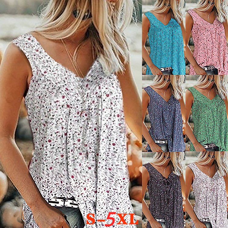 🎀【50% reducere🔥】【S–5XL】✨Bluză de vară elegantă, casual, cu imprimeu, decolteu în V, fără mâneci, pentru femei