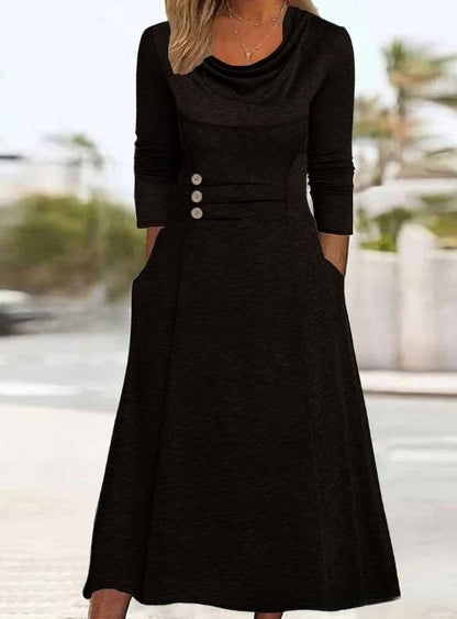 🍁【Noutăți de toamnă🔥】【S-3XL】👗 Rochie elegantă de culoare uni, cu buzunare și decolteu rotund