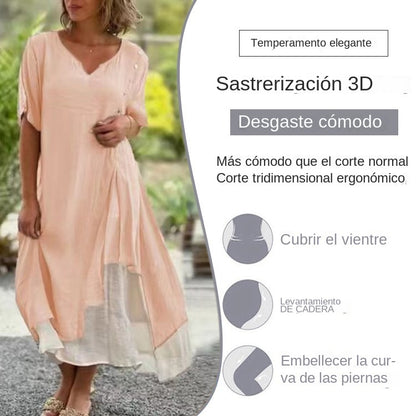 🔥🎉【S-4XL】Rochie de vară 2025, cu fustă neregulată și decolteu în V, model fals din două piese 