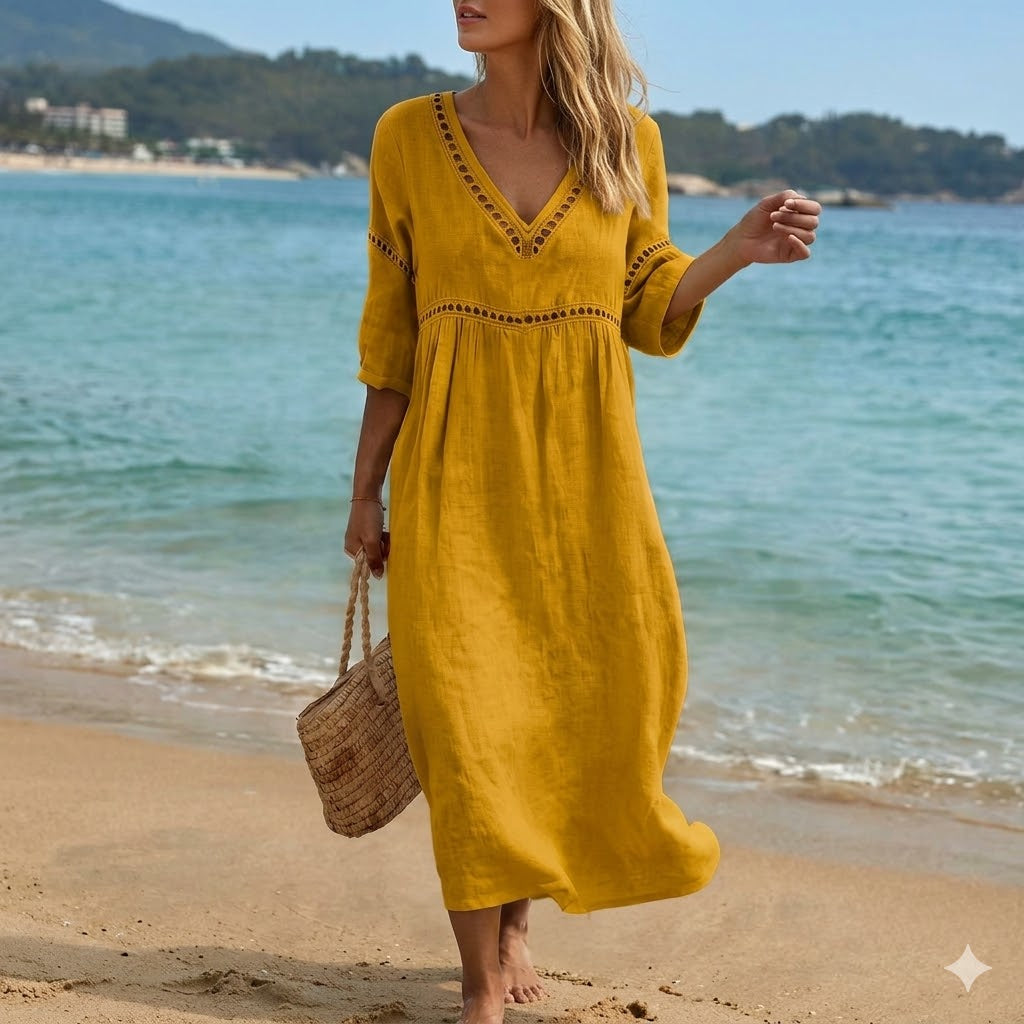 ✨🌈【S-3XL】🎀Vestido de mujer de algodón y lino con cuello en V, transpirable y suave, cómodo de llevar.