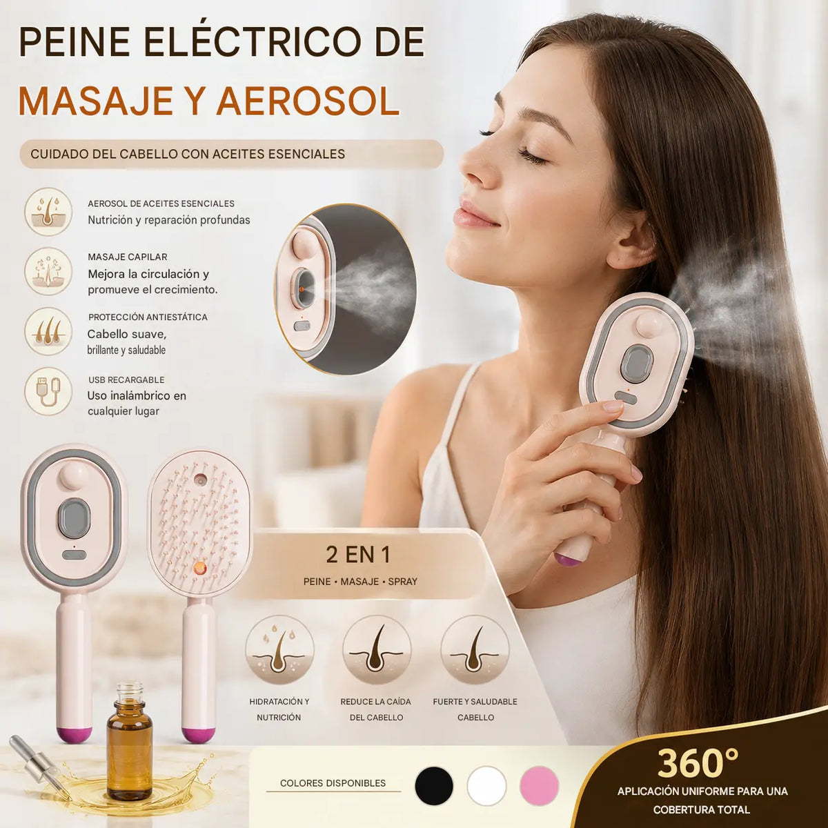 📢📢¡Oferta especial! ⏰Peine de masaje eléctrico con airbag, spray y aceite esencial, peine para nutrir y rociar el cabello✨🔥
