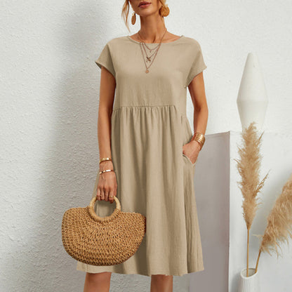 ✨🌼【S-5XL】Vestido de algodón y lino para mujer, sencillo, holgado y casual, de moda de verano