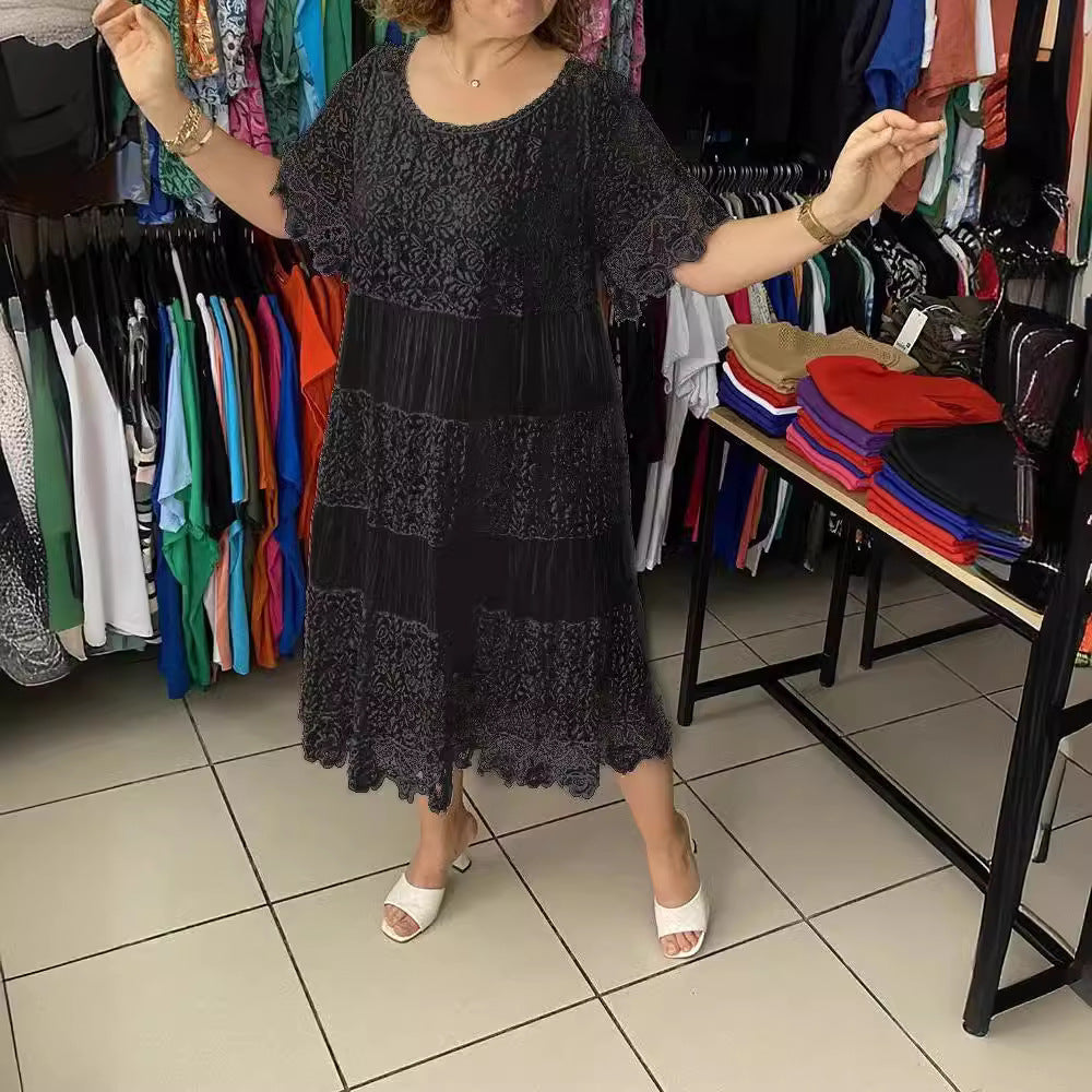 🌺👗【Ljetno rasprodaja🔥】【S-5XL】Nova haljina široke čipke s kratkim rukavima i okruglim izrezom, velike veličine