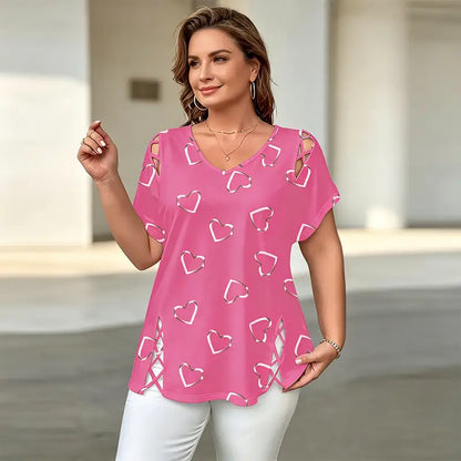 ✨👚【S-5XL】Camiseta de manga corta para mujer con estampado de corazón calado y lazo, a la moda