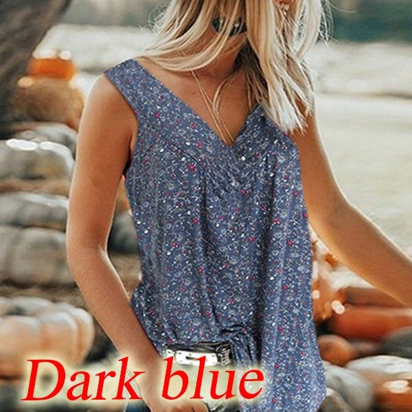🎀【50% reducere🔥】【S–5XL】✨Bluză de vară elegantă, casual, cu imprimeu, decolteu în V, fără mâneci, pentru femei 