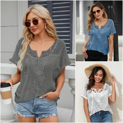 【S–6XL】Blusa de encaje con cuello en V para mujer | Blusa de verano bordada con mangas cortas |