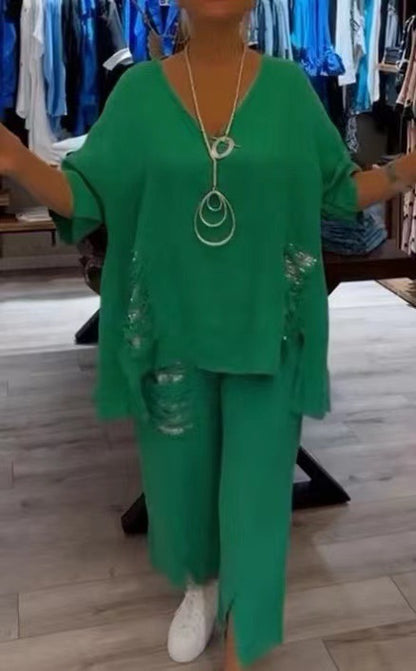 ✨💖【50% reducere】【S-5XL】Costum casual pentru femei, din două piese, din bumbac și în, cu decolteu în V, 2025 