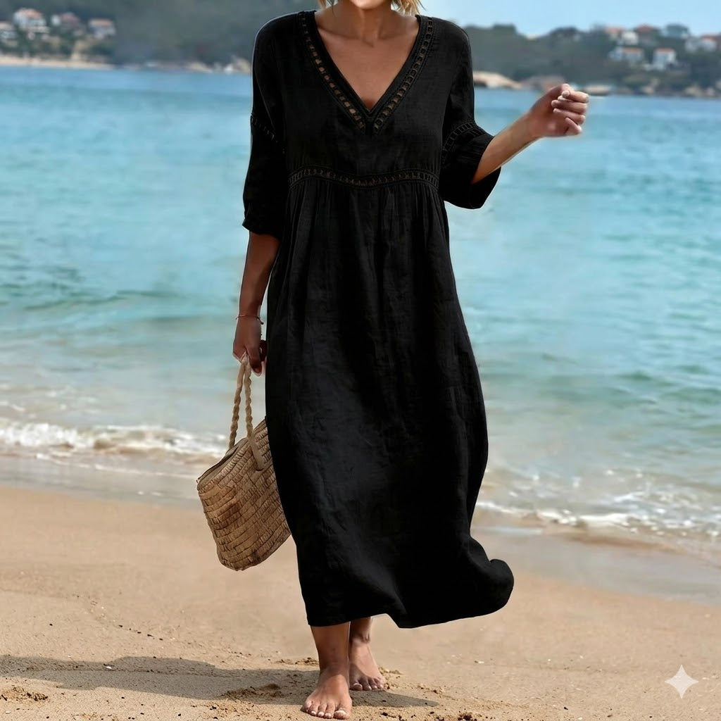 ✨🌈【S-3XL】🎀Vestido de mujer de algodón y lino con cuello en V, transpirable y suave, cómodo de llevar.