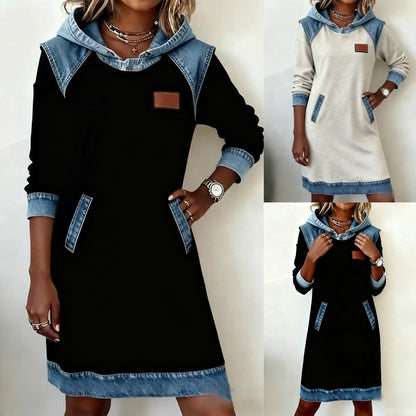 🔥⛄【50% de descuento✨】🌷🌞 Nuevo vestido vaquero con capucha y patchwork, ideal para el invierno