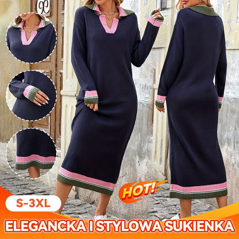 🎉Zimowa francuska elegancja: Asymetryczna sukienka w bloki kolorystyczne! Luźny krój z eleganckim dekoltem! 🍂✨