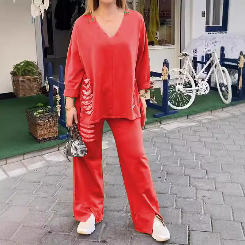 ✨💖【50% reducere】【S-5XL】Costum casual pentru femei, din două piese, din bumbac și în, cu decolteu în V, 2025 