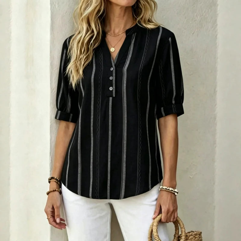 【50% de descuento】Camisa de verano de manga corta de algodón y lino a rayas, tejido transpirable.