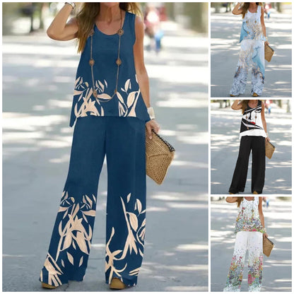 🔥✨【S-3XL】🌸【Topy + Spodnie】2025 Lato Nowy Moda Swobodny Bez Rękawów Drukowany Damski Garnitur