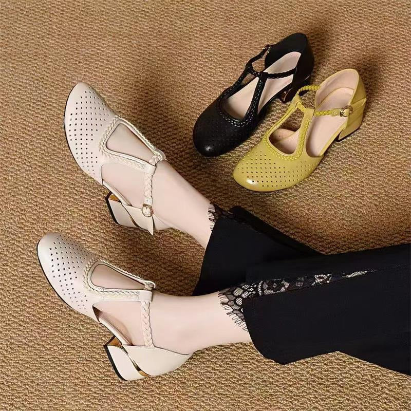 🔥【Ofertă specială de vară】🔥【35-40】✨Sandale de vară cu toc gros, din piele moale, cu scobituri, respirabile, stil nou