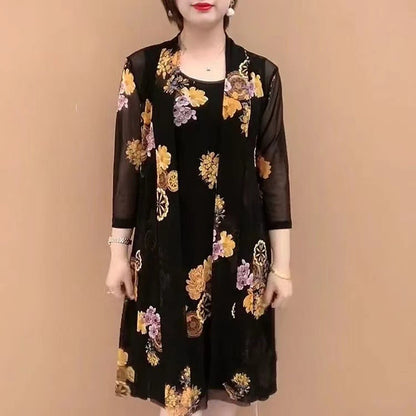 🔥🎉【Stil nou de vară】Rochie nouă din două piese pentru doamne de vârstă mijlot și în vârstă, cu imprimeuri la modă 