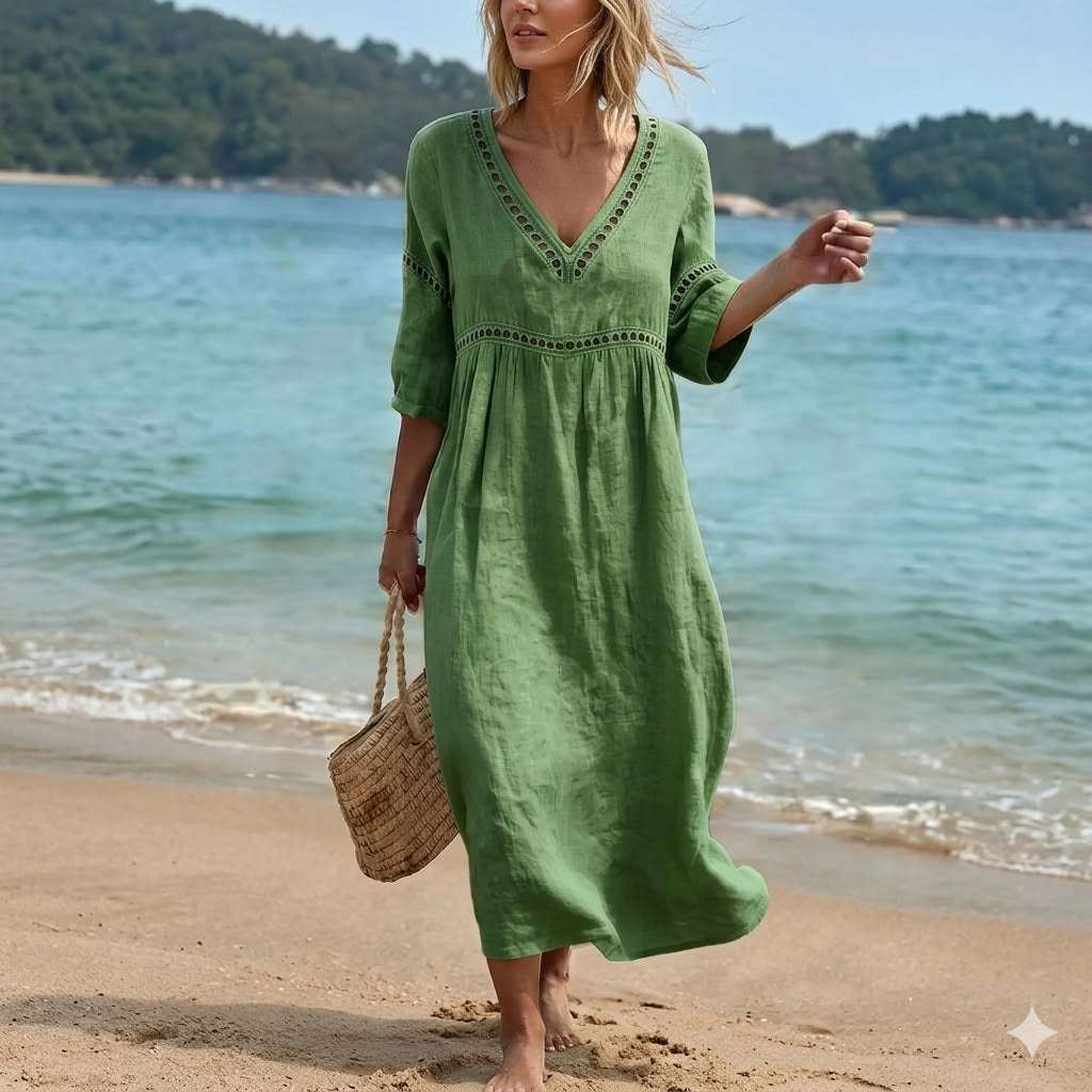 ✨🌈【S-3XL】🎀Vestido de mujer de algodón y lino con cuello en V, transpirable y suave, cómodo de llevar.