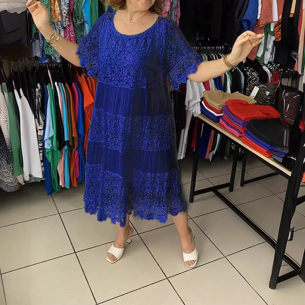 🌺👗【Ljetno rasprodaja🔥】【S-5XL】Nova haljina široke čipke s kratkim rukavima i okruglim izrezom, velike veličine
