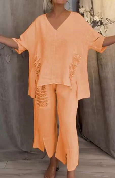 ✨💖【50% reducere】【S-5XL】Costum casual pentru femei, din două piese, din bumbac și în, cu decolteu în V, 2025 