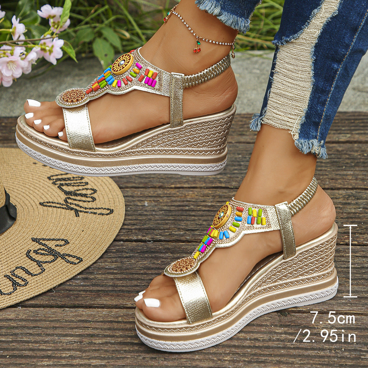 💖【35-43】✨ Sandals de damă din piele cu talpă groasă și bandă elastică cu mărgele, vara 2025. 🔥 Livrare gratuită. ✅ Plată la livrare 