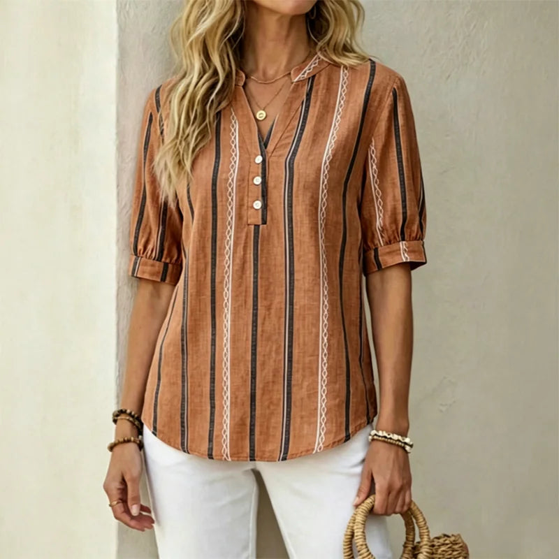 【50% de descuento】Camisa de verano de manga corta de algodón y lino a rayas, tejido transpirable.