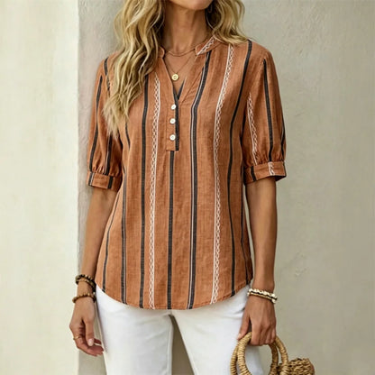 【50% de descuento】Camisa de verano de manga corta de algodón y lino a rayas, tejido transpirable.